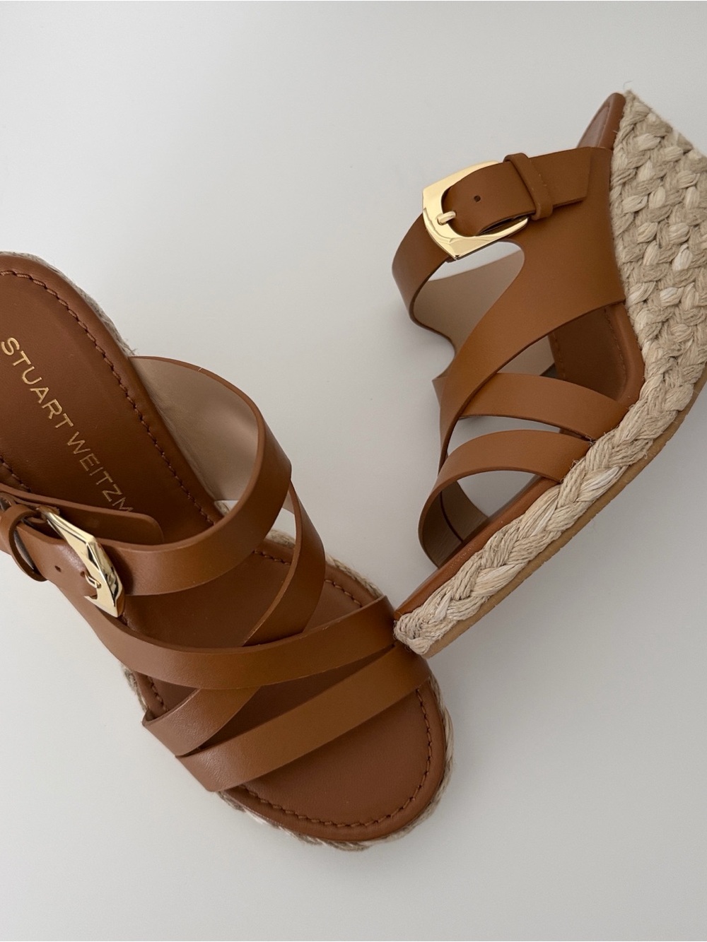 Stuart Weitzman Tan Espadrille Wedge Sandals with Gold Buckle